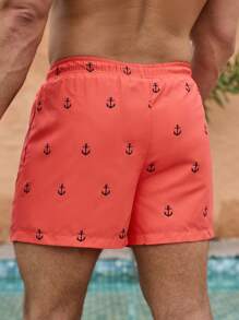 Manfinity Swimmode 男士船锚印花抽绳腰部泳裤图案泳池短裤，适合海滩、度假