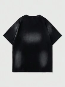 ROMWE MEN Street Life Men's Graphic Print Washed Faded Short Sleeve T-Shirt With Fun Doodle And Spray Donkey Design, Spring Or Summer, School - Black - View 2