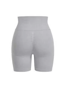 SHEIN Sports Shorts deportivos sin costuras de cintura alta y unicolor para el verano - Gris Claro - Ver 9