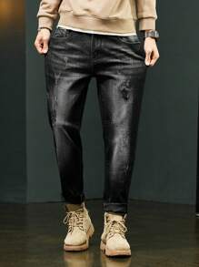 Quần jean co giãn màu trơn đơn giản hàng ngày cho nam - màu đen - Xem 5