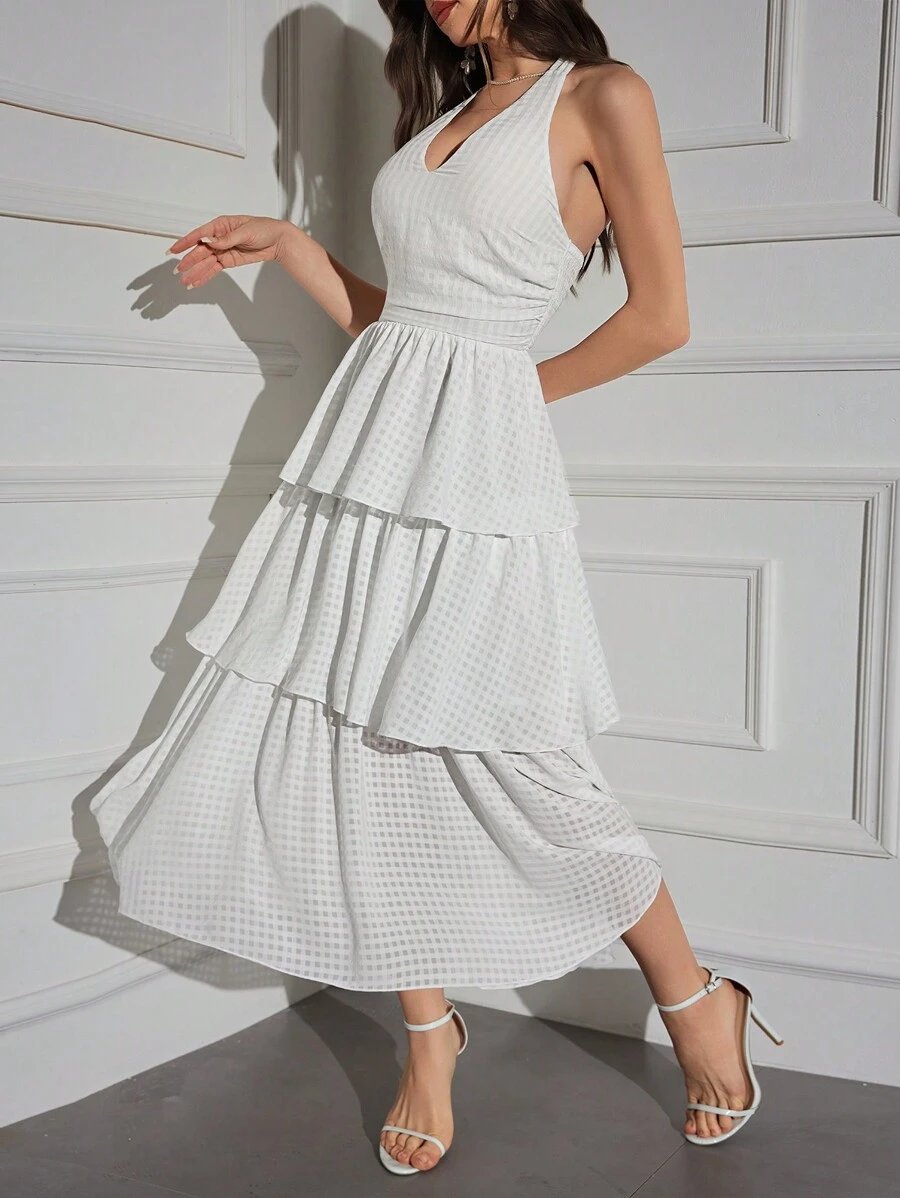 Modelyn Tie Backless Ruffle Hem Halter Dress For Summer Long Evening Dresses