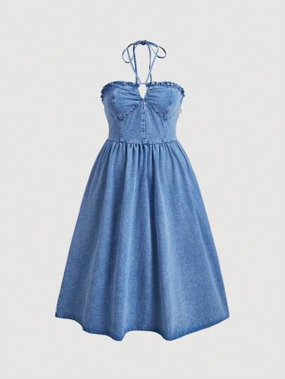 SHEIN MOD Plus Size Denim Dress, Sleeveless With Sweetheart Neckline And Frilled Edges In Dark Blue