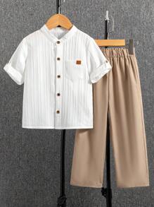 男童白色休闲长袖衬衫和卡其色裤子 2 件套，适合上学、聚会、郊游、优雅造型，4-7 岁 - 彩色 - 查看 7