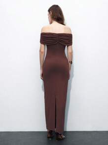 Maija 棕色露肩扭褶镂空修身女式连衣裙 - 咖啡 - 查看 4