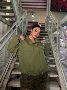 Flirla Plus Flap Pocket Ruched Sleeve Jacket - Army Green - View 2
