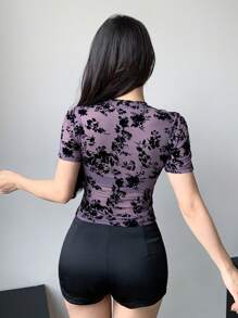 DAZY 情人节玫瑰花女士薄纱印花短袖上衣，夏季露脐上衣，女士外出上衣 - 紫色 - 查看 5