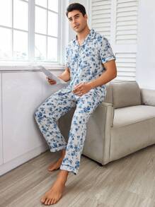 Bộ đồ ngủ dài tay cổ bẻ dài tay in mực cho nam - Màu xanh lam - Xem 7