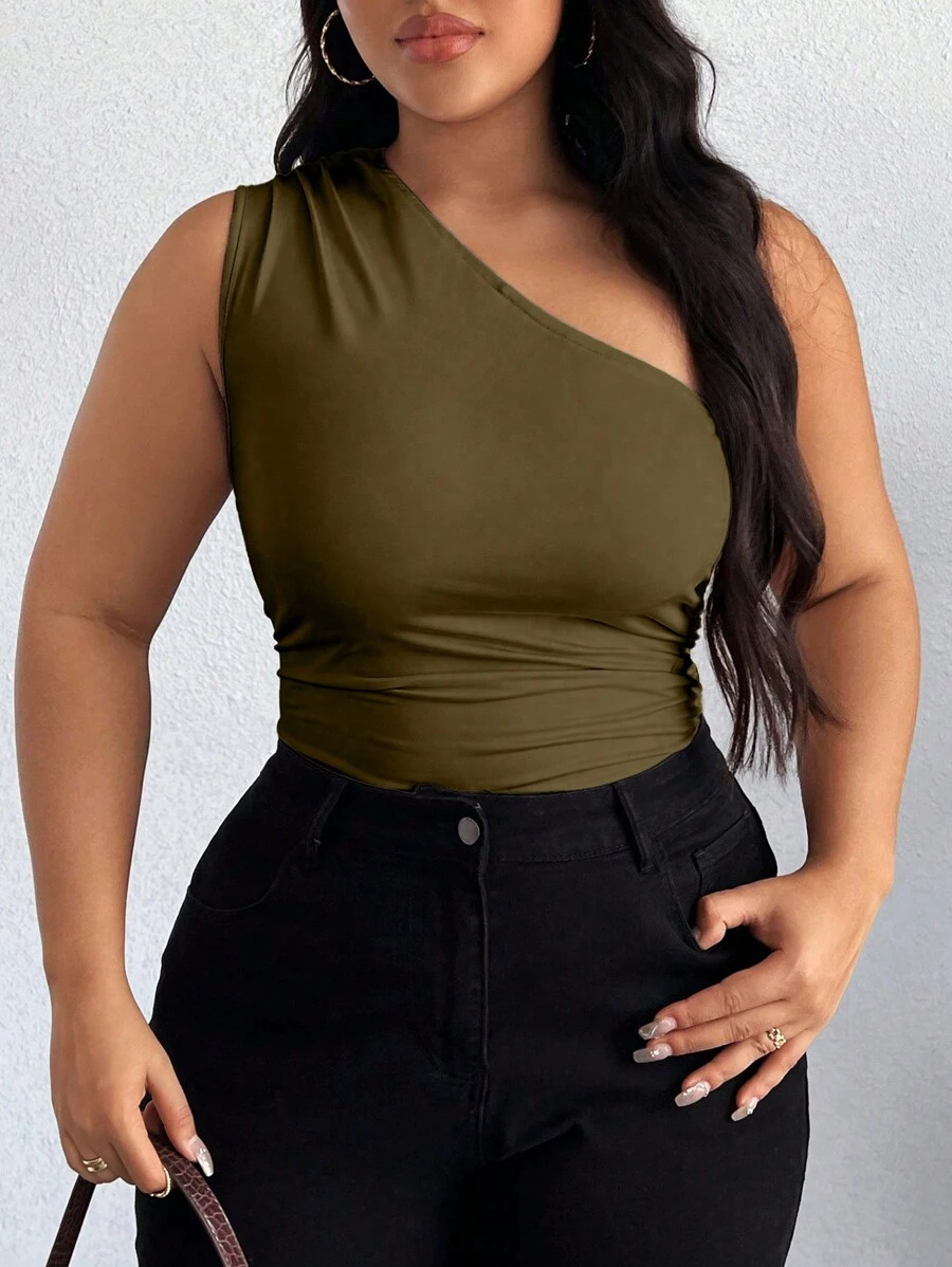 Calvaya Plus One Shoulder Ruched Bodysuit For Summer - Army Green - View 1