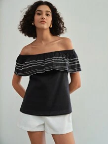 MOTF STUDIO EMBROIDERY RUFFLE TRIM OFF SHOULDER BLOUSE
