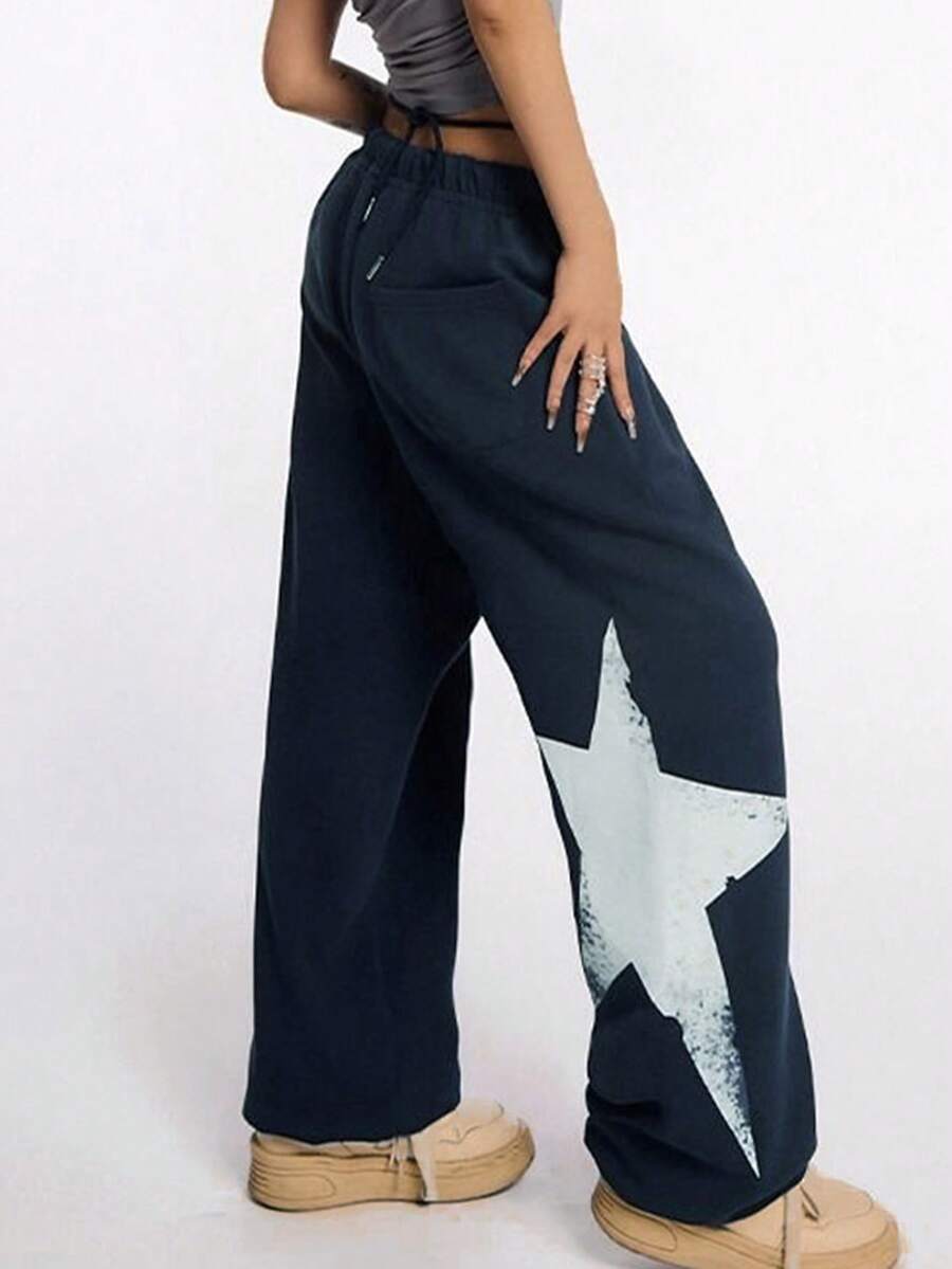 2022 Fashion Versatile Star Print Sweatpants - Navy Blue - View 1