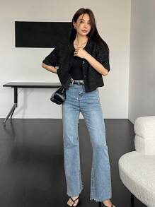 DAZY Women's Business Casual Short Sleeve Jacket, Autumn Carnival - Black - View 2