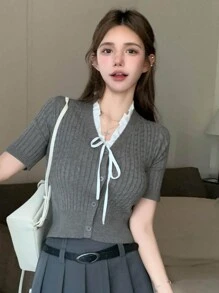 DAZY Contrast Lace Tie Front Cable Knit Top,Fall Clothes - Grey - View 6