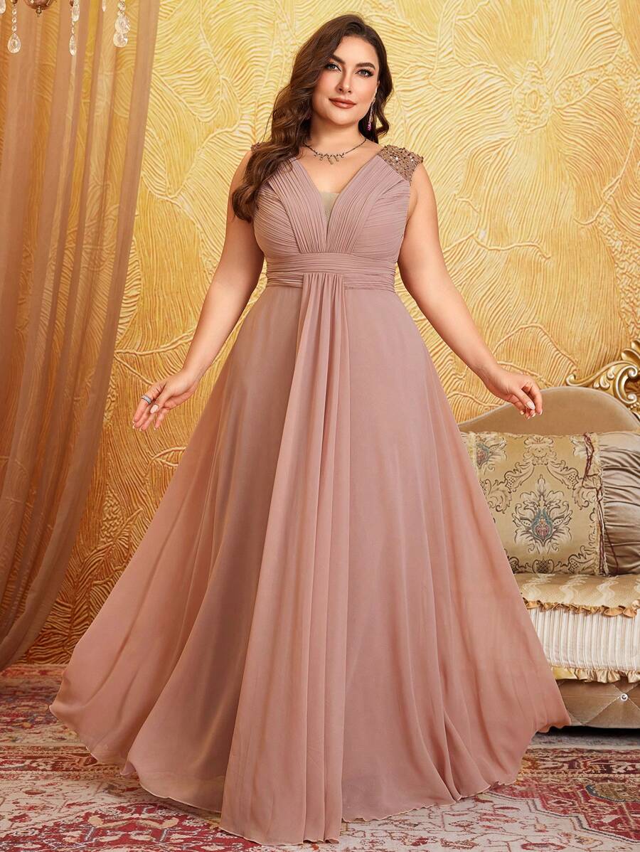 Plus Size V-Neckline Dress With Shoulder Design, Elegant And Minimalistic High-End Embroidered Tulle And Pleated Maxi Evening Gown Bridesmaid Dress, Birthday Women Outfits, Graduation Dress, Formal Dress - 藕粉色 - 查看 1