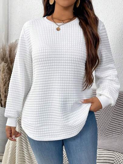 SHEIN LUNE Plus Size Women's Solid Color Round Neck Drop Shoulder Waffle Knit Casual Sweatshirt Long Sleeve Top White Tops For Women White Sweater Women Sweater White Long Sleeve Top/ Winter