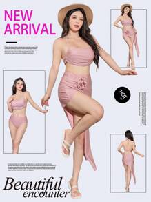 DAZY 3 件套系带领比基尼套装上衣和下装，带 3D 花朵细节和不对称泳裙，夏季海滩、Tankini 泳衣节日服装 - 粉色 - 查看 2