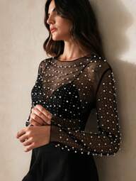 Anewsta Letni top damski z długim rękawem, przezroczystą siateczką