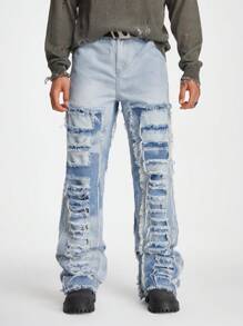 Manfinity Roghcode Men's Light Blue Denim Frayed Patch Streetwear Loose Straight Ripped Jeans, For Husband, Boyfriend Gifts - Light Wash - View 8