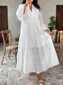 Breezaya Plus Size Vakantie Casual Effen Kleur Uitgehold Borduurwerk Ingekeepte Hals Bell Mouw Jurk Maxi Dames Outfit