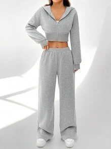 SHEIN EZwear Women's Spring Fashionable Pink Zip Front Hooded Sweatshirt And Pants Two Pieces Set - Grey - View 4