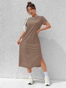 SHEIN EZwear Women's Summer Casual Coffee Brown Knitted Striped Dress With Side Slit Hem - Coffee Brown - View 4