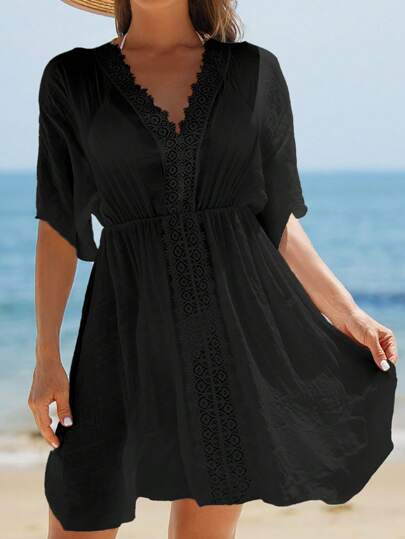 Swim Vcay Summer Outfits For Women Contrast Guipure Lace Cover Up Dress For Summer Beach