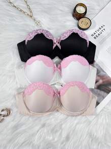 Women's Color Block Lace Patchwork Bandeau Bra 3 Piece Set - Multicolor - View 3