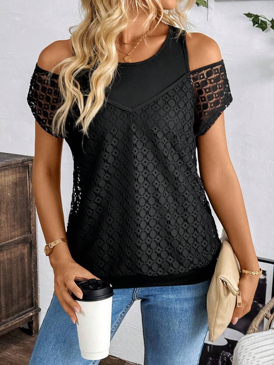 SHEIN LUNE Maglietta Nera Trasparente Falsa Due Senza Spalline In Pizzo Estivo Da Donna - nero - Visualizzare 1