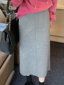 Women's Solid Color Simple And Minimalist A-Line Skirt For Daily Wear, Slim Fit - Grey - View 3