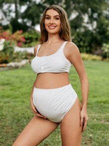 SHEIN 孕妇纯色沙滩比基尼套装，夏季夏日海滩 - 白色 - 查看 5