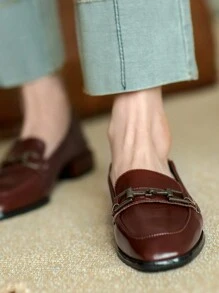 秋冬女式平底乐福鞋，方头黑色休闲穆勒鞋，英伦风皮鞋 - 棕色 - 查看 5