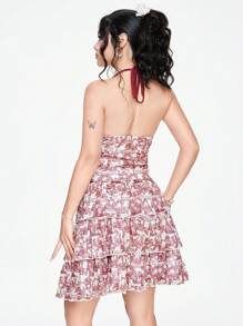 ROMWE Fairycore Women Renaissance All-Over Print Palace Retro Ruffled Summer Cami Dress - Multicolor - View 3