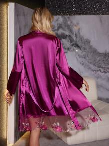 Mesh Embroidered Patch Satin Nightgown And Robe Pajama Set, Fall Clothes - Purple - View 2