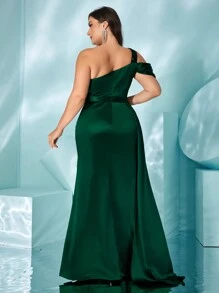 Plus Size Asymmetrical Neck Sequined Ruched Floor-Length Satin Evening Dress, Elegant Prom Semi Formal Wedding Guest Dress, For Birthday, Graduation, Homecoming Party Dress - Màu xanh lá cây đậm - Xem 2