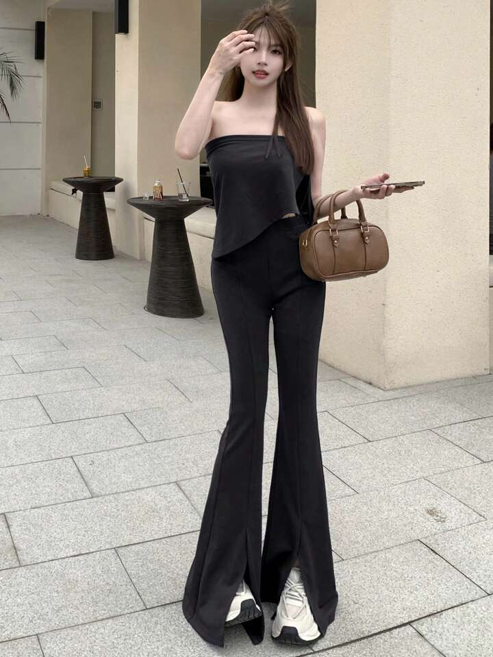 【FLAREUP】Side Flap Pants WDIRARA Women's Tie Back Cut Out Side High Rise Flare Leg