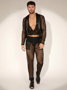 FeverCity Men's Mesh See-Through Loose Suit Set, Suitable For Summer - Black - View 5