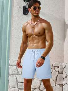 Surfspeed Men Letter Graphic Drawstring Waist Swim Trunks - Baby Blue - View 4