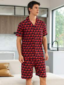 Men Allover Print Short Sleeve Top & Shorts PJ Set / Pajama Set - Multicolor - View 3