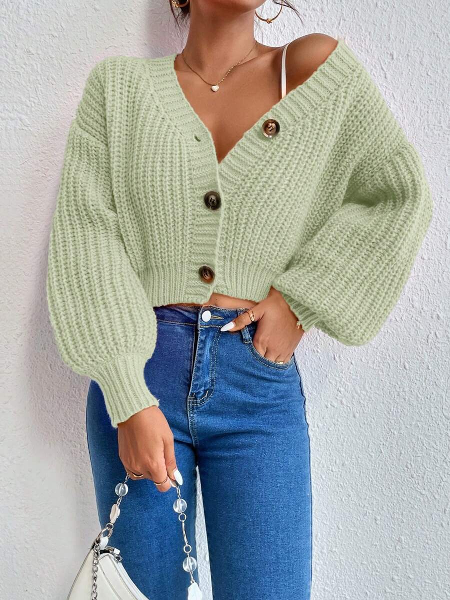 Celisse 氣球袖釦前開衫，適用於春秋季 - 薄荷綠 - 查看 1