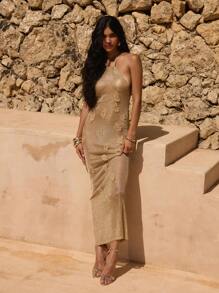 MUSERA 亮片贴花长款连衣裙，夏季露背透视性感连衣裙，优雅春夏度假长裙 - 金色 - 查看 1