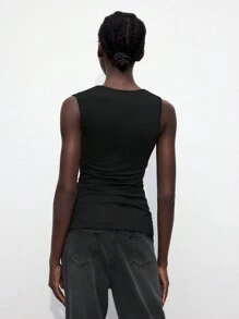 Maija 2025 Spring/Summer & Early Autumn Independence Day July Outfit Women's Black Fitted Strap Decor Design Modern Urban Chic Versatile Top, Black Hollow-Out PU Leather Decor Sleeveless Modern Urban Casual Women Apparel