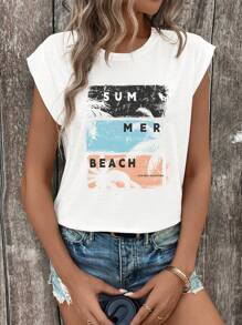 INAWLY Letter Graphic Batwing Sleeve Tee SUM MER BEACH - White - View 3