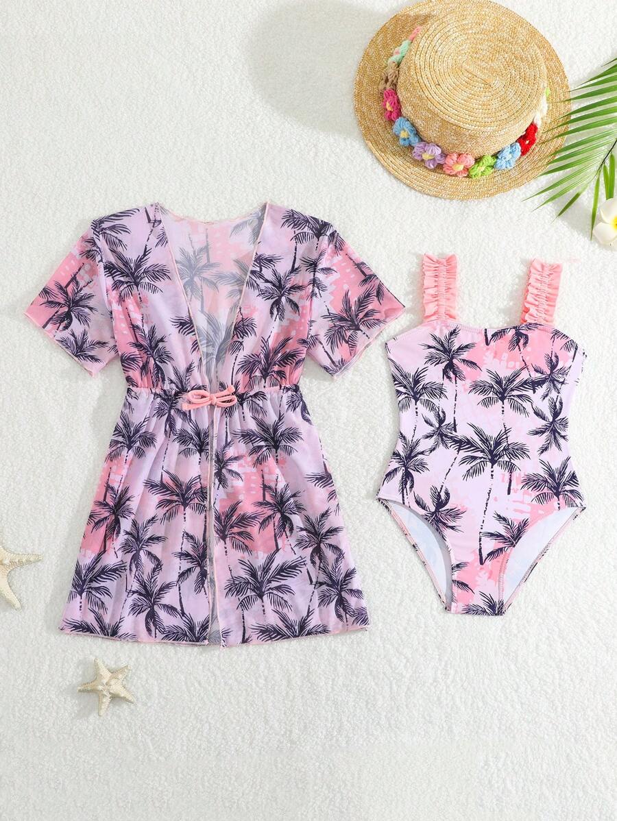 1 套年轻女孩热带椰子树印花连体泳衣 + 罩衫 - 彩色 - 查看 1