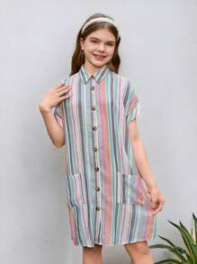 Tween Girl Loose Casual Cotton Color-Block Striped Two Pocket Batwing Sleeve Shirt Dress
