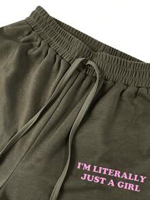 LovelyWholesale Women'S Casual Round Neck Letter Printed Short Sleeved Top And Drawstring Pants Set For Autumn Clothing For Women