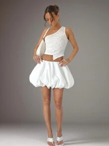 SHEIN Essnce 女士夏季時尚白色低腰鬆緊收褶邊裙，夏季裙子婚禮女裝 - 白色 - 查看 4