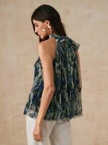 Anewsta Women's Fashionable Blouse, Lightweight Chiffon Halter Neck Backless Tie Strap Loose Casual Tank Top, Suitable For Spring, Summer, Valentine's Day - Blue - View 2