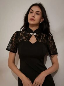 Aveloria Rosie 優雅新中式復古修身高貴旗袍，對比蕾絲短袖長裙