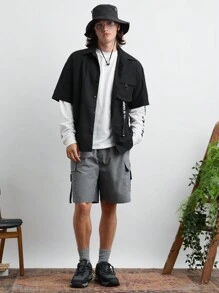 Manfinity VCAY 2 件套男士编织时尚宽松短袖衬衫配松紧腰短裤，休闲日常穿着。黑色衬衫，灰色短裤