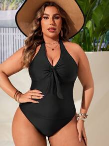 SHEIN Swim Curve Plus Knot Front Halter Tankini, Plus Size Swimwear Summer - Black - View 4