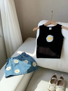 SHEIN 2件組女嬰夏季休閒可愛度假套裝 雛菊刺繡背心上衣與牛仔裙套裝 黑白街頭時尚日常穿搭 - 卡其色 - 查看 7